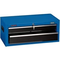 Blue Draper tool chest with two black drawers and a central lock, 26-inch width, rectangular design.