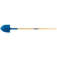 Blue Draper Irish Pattern shovel with long wooden handle and rounded blade.