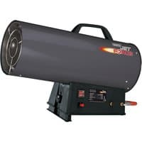 Gray Draper Jet Force propane space heater, cylindrical design, black handle, 102,000 BTU, control panel on base.