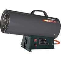 Draper Jet Force propane space heater, black cylindrical design, sturdy base, carrying handle, red and orange accents.