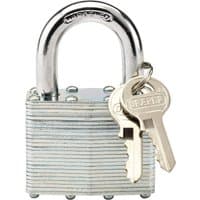 Draper laminated steel padlock, 50 x 31mm, with silver body, chrome shackle, and two attached keys.