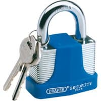 Draper 50mm laminated steel padlock with blue bumper, hardened steel shackle, and two silver keys attached.