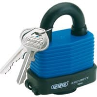Draper 54mm laminated steel padlock with blue bumper, hardened shackle, and two silver keys.