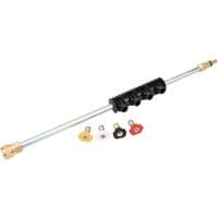 "Draper Lance for Pressure Washer, silver with black grip, brass fittings, and four colored nozzle tips"