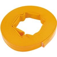Orange Draper Layflat Hose, 10m x 25mm, coiled in a circular shape with a smooth, flat surface.