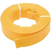 Yellow Draper layflat hose, 10m x 38mm, coiled with textured surface and white securing bands