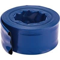Blue Draper Layflat Hose, 10m x 75mm, coiled, textured surface, with smooth edges for easy handling and storage.
