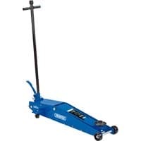 Blue Draper long chassis trolley jack, 2 tonne capacity, with a long handle and four wheels for easy maneuverability.