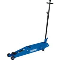 Blue Draper long chassis trolley jack, 3 tonne capacity, with black handle and wheels.