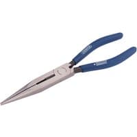 Draper long nose pliers, 200mm, with silver metal jaws and blue rubber grips.