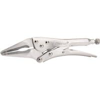 Silver Draper long nose self grip pliers, 230mm, with serrated jaws and adjustable screw for precision gripping.