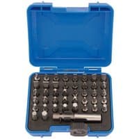 Blue Draper case with 43 magnetic bits and holder, organized in foam insert, various shapes and sizes.