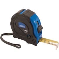 Black and blue Draper measuring tape, 10m/33ft, with 32mm wide yellow tape and wrist strap.
