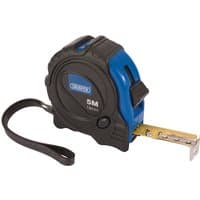 Black and blue Draper measuring tape, 5m/16ft x 19mm, with a wrist strap and extended yellow tape.