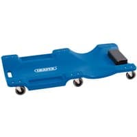 Blue Draper Mechanic's Creeper with padded headrest and six swivel casters for mobility.