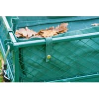 Green Draper mesh cart liner with straps, fitted inside a steel mesh gardener's cart, holding dry leaves.