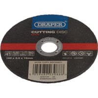 Black Draper metal cutting disc, 100 x 2.5 x 16mm, with central hole and blue logo on top.