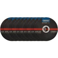 Pack of 10 Draper metal cutting discs, black with red stripe, 115 x 1 x 22.23mm, circular shape.