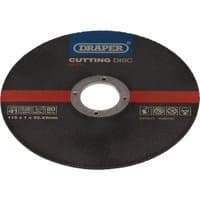 Black Draper metal cutting disc, 115 x 1 x 22.23mm, with blue logo and red stripe, pack of 100.
