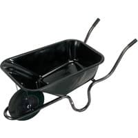 Black Draper metal tray wheelbarrow, 85L capacity, with single front wheel and dual handles.