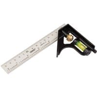 Draper 150mm combination square with silver ruler, black handle, brass screw, and green spirit level.