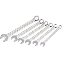 Draper Metric Combination Spanner Set, 6 silver wrenches of varying sizes with open and ring ends.