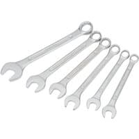 Draper 6-piece silver metric combination spanner set with open and ring ends, arranged in ascending size order.