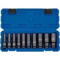 Blue case with 10 black Draper metric deep impact sockets, 1/2" square drive, organized in a row.