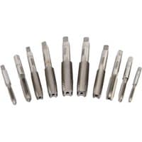 Draper Metric Hand Tap Set, 10 silver steel taps with spiral flutes, arranged in a row, varying sizes.