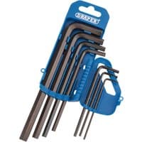 Blue Draper metric hexagon key set with seven L-shaped keys in a plastic holder.