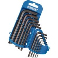 Draper 10-piece metric hex key set in black with blue plastic storage holder.