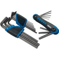 Draper Metric Hexagon Set, 17 pieces, includes L-shaped hex keys and foldable multi-tool, black and blue handles.