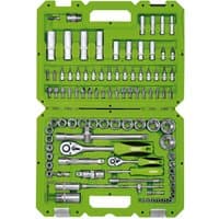 Green Draper metric socket set with 1/4” and 1/2” square drive, 100 pieces including ratchets, sockets, and extensions.