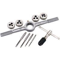 Draper Metric Tap and Die Set, silver metal with four round dies, three taps, T-handle wrench, and die wrench.