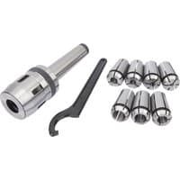 Draper Mill Chuck Set, MT3-M12, silver metal finish, includes 7 collets and a black spanner wrench.