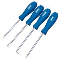 Draper Mini Hook and Pick Set, 4-piece with blue ergonomic handles and silver metal tips, includes hook and pick tools.