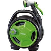 Black and green Draper mini hose reel set, 10m, with ergonomic handle and adjustable spray nozzle.