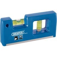 Blue Draper mini level, 100mm, with two yellow bubble vials and a rectangular cutout.