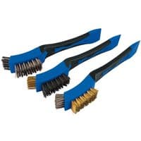 Draper Mini Wide Head Brush Set, 3-piece with blue handles and metal bristles in silver, black, and gold.