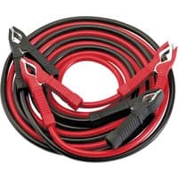 Red and black Draper motorcycle booster cables, 2m length, 5mm² thickness, with sturdy insulated clamps.