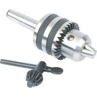 Silver Draper MT2 Tailstock Chuck, 13mm, with textured grip and key for tightening.