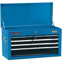 Blue Draper narrow tool chest with 6 drawers, 24-inch width, metal handles, and a lockable top compartment.