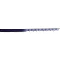 Draper No 2/0 fretsaw blade, 127mm, 28tpi, plain end, slim, metallic with fine teeth along one edge.