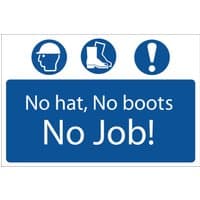 Draper safety sign with blue icons of hard hat, boots, exclamation mark, and text "No hat, No boots, No Job!"