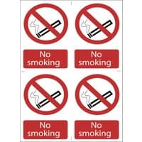 Pack of 4 Draper No Smoking signs, red circle with diagonal line over cigarette, red "No smoking" text below.