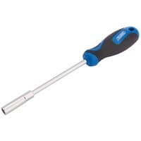 Draper nut spinner, 8mm, with silver shaft and black soft-grip handle featuring blue accents.