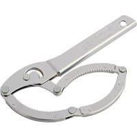Silver Draper oil filter wrench, 100mm, with adjustable metal strap and ergonomic handle.