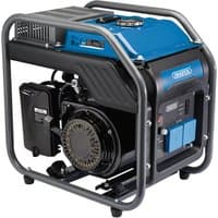Blue and black Draper open frame inverter generator, 2800W, with metal frame and control panel featuring sockets.