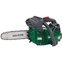 Green Draper Oregon petrol chainsaw with 250mm chain and bar, black handle, and red safety switch.