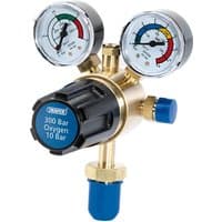Gold Draper oxygen regulator with dual gauges, black knob, and blue valve, rated 300 Bar.
